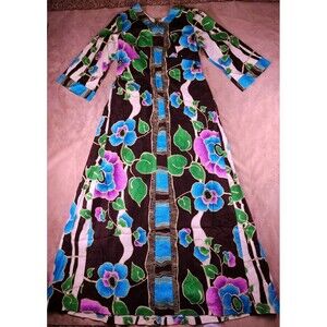 Handmade vintage Kaftan Dress Black Cotton Floral Pattern Wide Sleeves